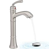 HEYMYTAP Brass Vessel Sink Faucet Brushed Nickel, Single Handle Tall Faucet for Bathroom Sink One Hole with Pop-Up Drain & Water Hoses, Save Water