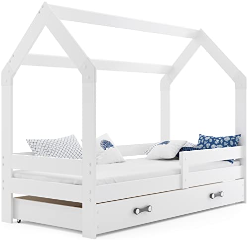 Hausbett Kinderbett DOMEK 160x80cm aus Kiefernholz mit Lattenrost und Matratze (weiß + weiße Schublade) Cover