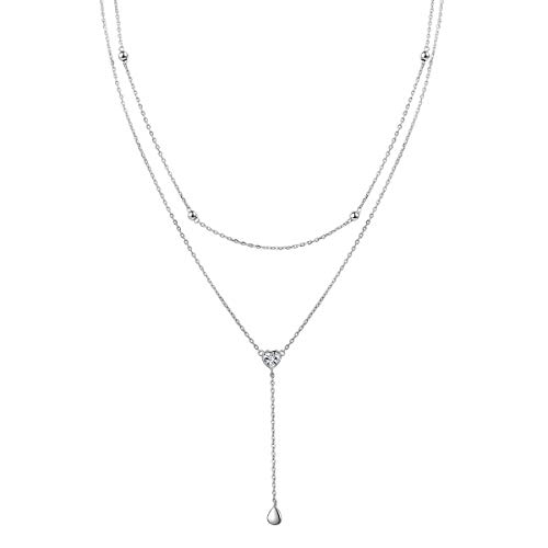 925 Sterling Silver Teardrop Double Layered Heart CZ Choker Y Lariat Necklace Gifts for Women