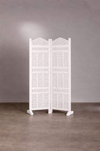Image of Home & Goods International Wooden Room Divider Partition - Foldable Wood Screen Separator for Living Room, Bedroom, Office, Restaurant || Kangra Badrun Design, White (2 Panel with Stand)