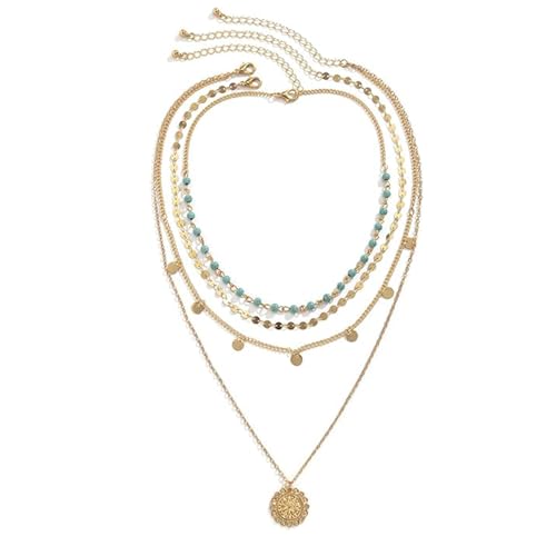 NATOSU Collier Superposé Doré Bohème - Multicouche avec Pendentif Empilé pour Femme - Long avec Pièce de Monnaie Turquoise pour Concert Country