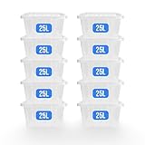 KAPCO Plastic Storage Bins – Medium 25L Clear Boxes with Lids (10 Pack) | Stackable & Strong Storage Box for Clothes, Garage, and Home Moving Boxes | BPA Free Plastic Tubs | 25 Litre – Made in U.K