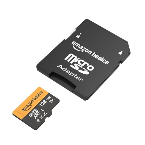 Imagen del adaptador SD junto a la tarjeta microSD Amazon Basics de 128 GB, destacando la versatilidad de uso.
