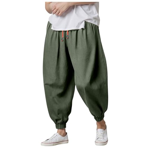Mens Casual Harem Pants, Elastic Waist Drawstring Cotton Linen Cropped Trousers Street Plus Size Lightweight Pants