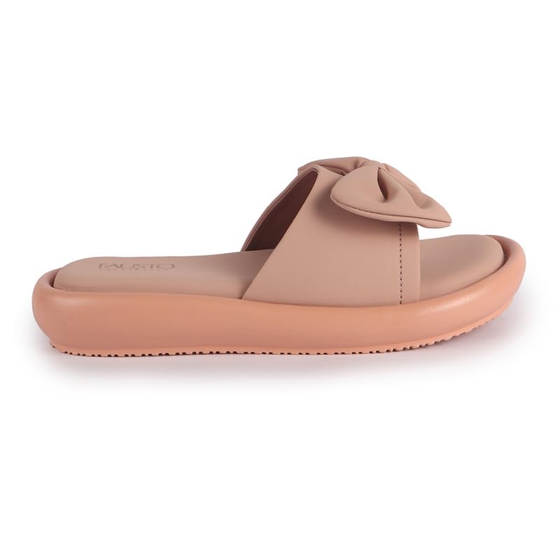 Image of FAUSTO Women Open Toe Bow Design Slip On Sliders | Extra Comfort Cushioned Insole Slippers | Classic Flat Sandals for All Day Long