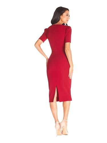 Image of Dress the Population Women's Ruth Short Puff Sleeves Asymmetrical Neckline Bodycon Midi Dress