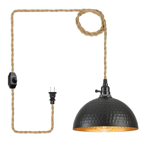 Image of Plug in Pendant Lights Hammered Dome Hanging Lamp with Dimmable Switch 15 Ft Long Hemp Rope Farmhouse Pndant Light Cord Lighting Fixture DIY Hanging Light