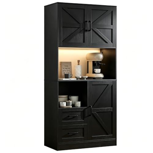 Image of 67.72 inch Tall Kitchen Pantry Cabinet with LED Light & Charging Station, Modern Kitchen Hutch with Microwave Stand, Countertop, Doors & Adjustable Storage Shelves, Black