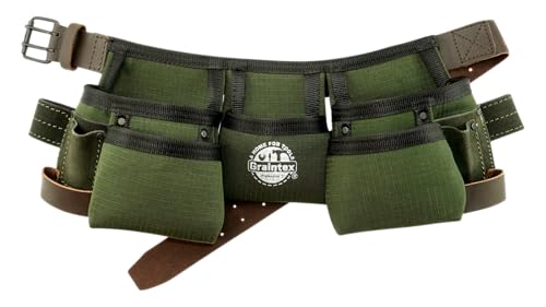 Graintex 9 Pocket Children Tool Belt, Ripstop Canvas Double Layered, Leather Trim, Kids Real Tool Belt, Boys and Girls Tool Apron for Home Improvement, 1.1/2" Leather Belt, Hammer Loops - Hunter Green