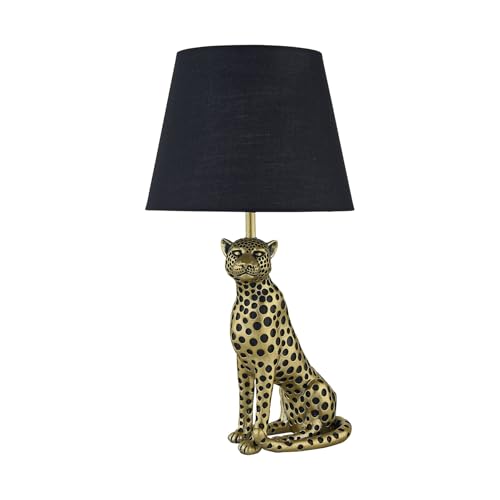 firstchoicelighting Gold Cheetah Table Lamp or Bedside Light with Black Fabric Shade, Resin Base, Height 47cm, LED Compatible