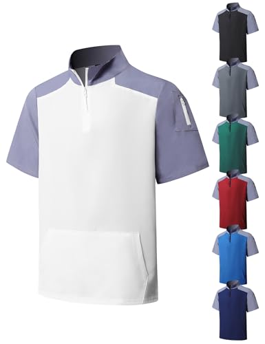 KGGEOO Wind and Water Resistant Cage Jacket Short Sleeve Golf Jacket Quarter Zip Pullover with Sleeve Pocket for Workout White