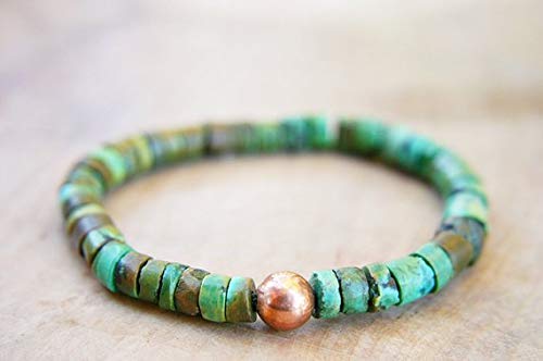 Gemswholesale - Pulsera de cuentas turquesa auténticas Hubei Heishi con cuentas de cobre crudo de 7 mm