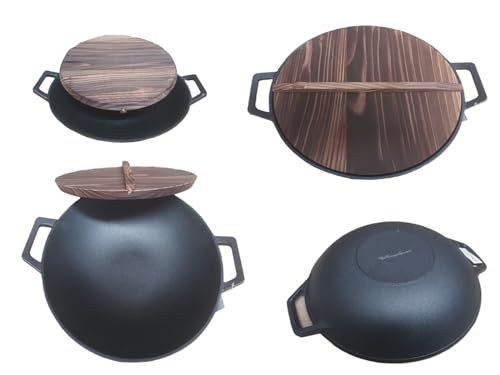 Vintage Gourmet ® Authentic Pre-Seasoned 35cm Diameter Cast Iron Large Deep Wok with Two Integral Handles, Flat Bottom Overall 42cm Wide -Versatile Cookware Complete with Sealed Wooden Lid Best Taste