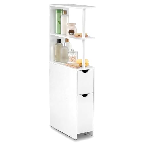Giantex Slim Storage Cabinet, Narrow Freestanding Bathroom Organizer with Open Shelves, Pull-Out Drawer and Slide-Out Cart, Space-Saving Wooden Floor Cabinet for Entryway, Living Room and Kitchen
