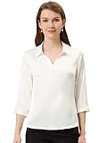 Allegra K Damen Revers V-Ausschnitt Langarm Knopfmanschetten Satin Hemd Bluse Weiß M