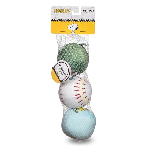Peanuts for Pets Snoopy The Athlete Multi-Material Dog Ball Toy, 3-Pack - Squeaky, Interactive Dog Toys with Multiple Textures, Perfect for Fetch and Chew - Featuring Snoopy and Woodstock Designs