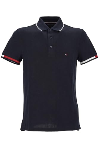 Image of Tommy Hilfiger Men’s Short Sleeve Flag Cuff Slim Fit Polo Shirt, Blue (Desert Sky), S