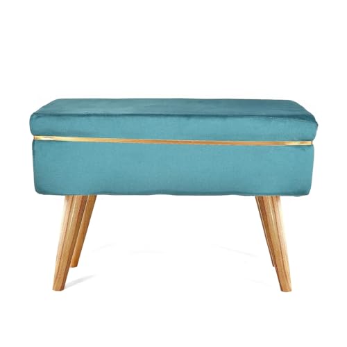 Image of Ottoman Bench for Living Room | Upholstered Seating with Wooden Legs| Multipurpose Seating for Home & Office| Stylish Accent Furniture for Bedroom & Drawing Room Decor, Sqr Bnch-Aqua
