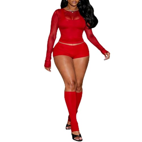 Aceilika 3 Piece Outfits for Women Sexy Sheer Mesh Long Sleeve Tops with Tank Bodycon Short Sets and Calf Sleeve Party Clubwear Red M
