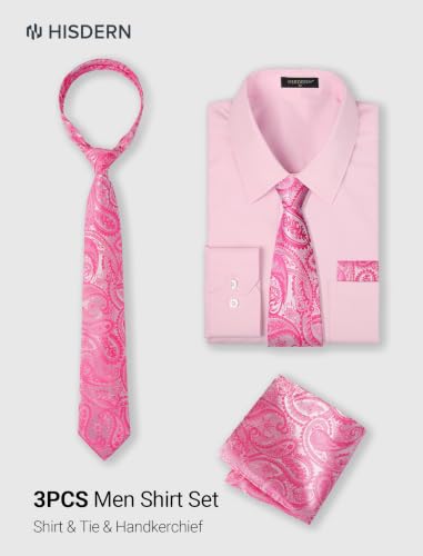 Image of HISDERN Mens Dress Shirt with Tie Pocket Square Set Classic Button Down Shirt Matching Tie Long Sleeve Shirts