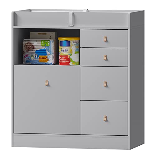 Timechee Baby Changing Table Dresser, Modern Nursery Dresser With Drawers, Storage Shelves, Waterproof Diaper Changing Pad, Safety Belt And Hidden Trash Storage For Nursery Room (Gray) #TOP4