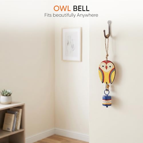 Image of Aakriti Art Creations Owl Wind Chime with Metal Bell in Yellow & Blue | Modern Art Handmade Wooden & Metal Wind Chime | Matte Decorative Wind Chimes for Balcony, Garden & Home, Living Room & Gifting