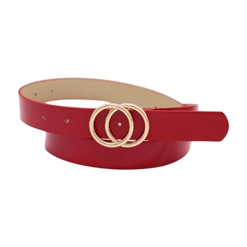 Women Red Color Fashion Belt - Hip Waist Skinny Faux Patent Leather Gold Circles Buckle M L z0792