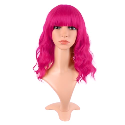 Image of MapofBeauty 14 Inch /35 cm Short Wavy Curly Women Fresh Bright Synthetic Ordinary Flat Bangs Bob Wig (Hot Pink)
