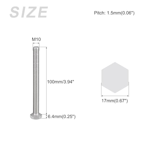 Image of METALLIXITY Hex Bolts (M10-1.5x100mm) 6Pcs, 304 Stainless Steel Coarse Fully Threaded Hex Head Screw Bolt Machine Screws - for Furniture Repair, Silver
