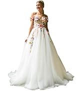 Fivsole Boho Long Flower Applique Wedding Dress for Bride Tulle Formal Gown with Train