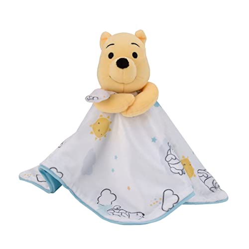 Image of Disney Winnie The Pooh White, Yellow, and Aqua Sunshine and Clouds Super Soft Sherpa Baby Blanket and Security Blanket 2-Piece Set