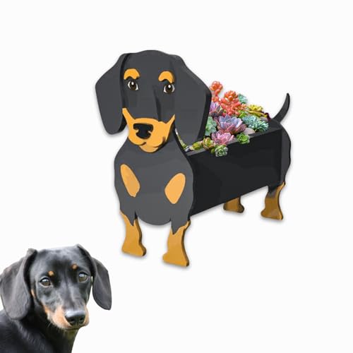 Dackel-Übertopf für Damen, niedlicher PVC-Kräutergarten, Hunde-Pflanzgefäß für Innen- und Außenbereich, Hunde-Blumentöpfe für Geburtstagsgeschenke und Tierliebhaber, 24 x 15 x 34 cm, Schwarz und