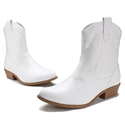 Peppep Western Cowgirl Cowboy Ankle Boots For Women Or Ladies, Mid Calf, Vegan Leather Embroidered Upper, Low Heel, Fashionable Pointed-Toe (10, White #TOP4