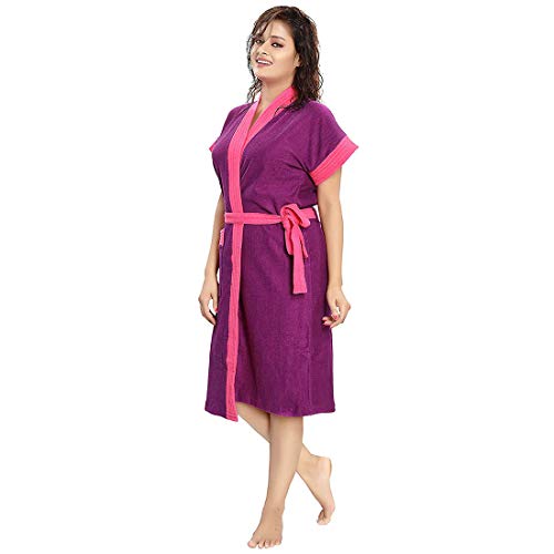 Image of bathrobes terry cotton free size bathrobe for women, bathsuit fit up to 42 inches chest size ladies - Pink Belt Purple bathrobe