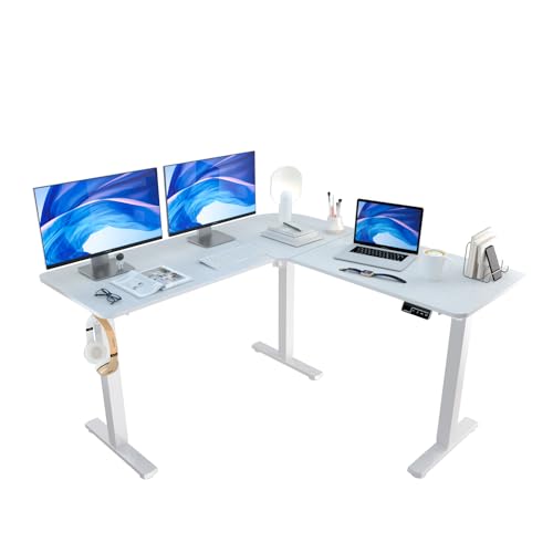 ERGOMAKER Corner Electric Standing Desk, 129 * 50cm Height Adjustable Stand up L-Shaped Desk, Stand up Desk with Splice Board, Sit Stand Desk with Memory Smart Handset(White Frame + White Desktop)