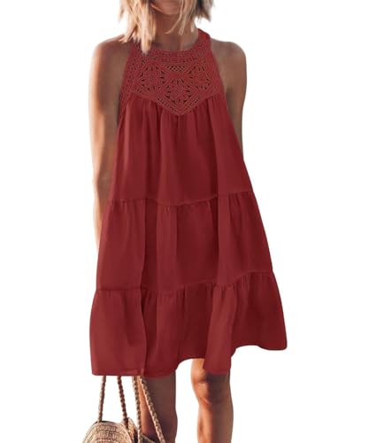 GRMLRPT Sommerkleid Damen Neckholder Ärmelloses Freizeitkleid Boho Knielang Strandkleider Ethnischer Stil Kleider Elegant A-Line Kleider(Rot,M)