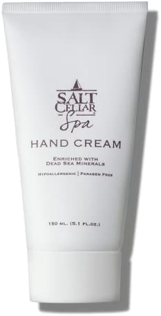 Salt Cellar Spa Dead Sea Mineral Hand Cream, Moisturizer Lotion for Dry, Cracked Skin Enriched with Glycerin, Olive Oil, Paraben Free, Fast Absorbing, 5.1 FL oz (150 ml)