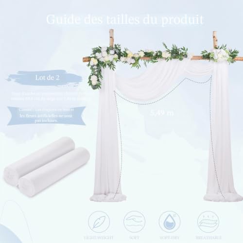 Rideau en Tulle Blanc Lot de 2 Voilage 70x560 cm pour Décoration d'Arche de Mariage
