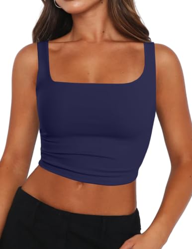 Zeagoo Crop Tank Tops for Women Square Neck Top Slim Fit Sleeveless Double Lined Basic Tops Summer Shirts Navy Blue - image 1