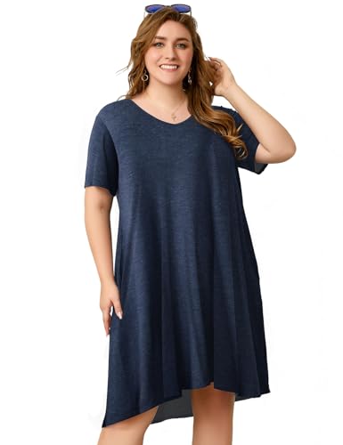 Image of OVERWORETY Womens Short Sleeve Plus Size T-Shirt Dress V Neck Casual Loose Swing A-Line Summer Tunic Dresses with Pockets