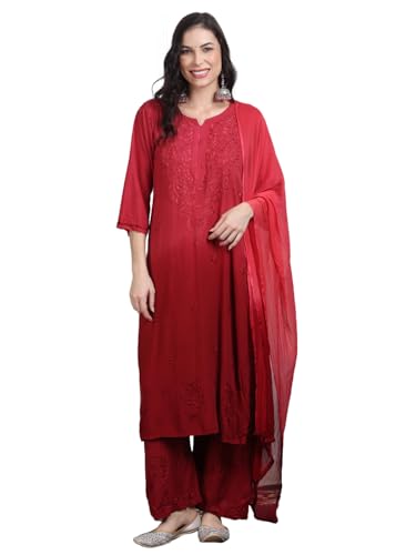 Image of Women's Luxe Lucknowi Chikankari Hand Embroidered Rayon Dyed Kurti Palazzo Dupatta Set - Designer Ethnic Wear for Wedding, Festive & Party Occasions
