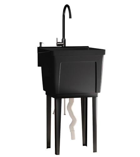 TABU Utility Sink with Hot/Cold Stainless Steel Faucet 20 Freestanding Laundry Tub with Adjustable Legs for Bathroom Pet Bathing & Garage with Soap Dispenser Black