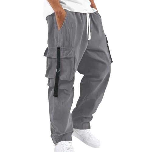 Men's Corduroy Cargo Pants Outdoor Streetwear Utility Joggers with Multiple Pockets Drawstring Waist Comfortable