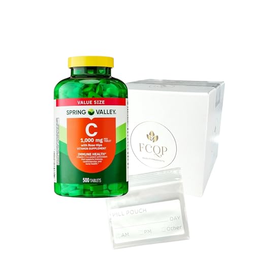 FCQP Spring Valley Vitamin C with Rose HIPS Dietary Supplement Tablets 1000 mg 500 Count Included is a Pill Pouch Sticker