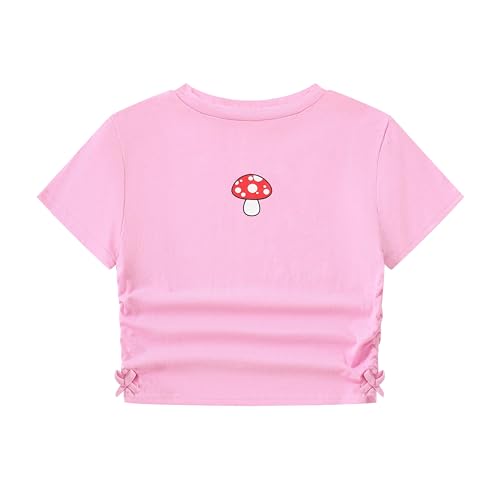 Image of Girl's Graphic Crop Top Summer Tee Drawstring Side Tie Knot Hem Round Neck Short Sleeve T-Shirts