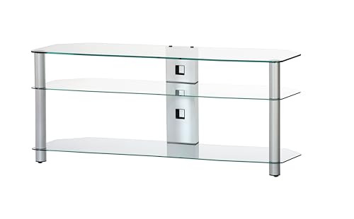 Meuble TV NEO-3110-TG - Table TV 110 cm avec roulettes, 3 étagères en verre trempé, structure en aluminium gris, charge jusqu'à 50 kg