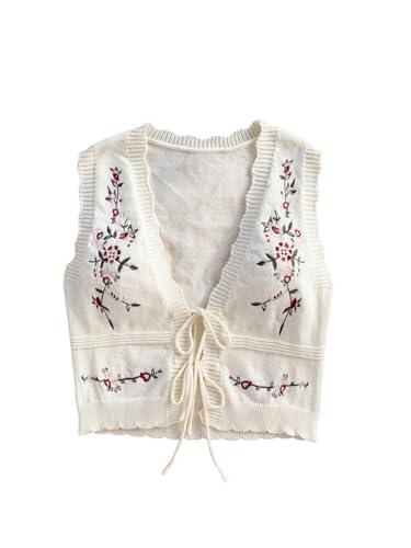 MakeMeChic Women's Floral Embroidery Cardigan Sweater Bow Tie Front Sleeveless Crop Outerwear