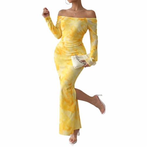 Image of LIGHT DOT Women's Printed Off Shoulder Maxi Dress Long Sleeve Bodycon Ruched Mesh Cocktail Dress
