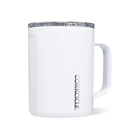 Corkcicle Origins Travel Coffee Mug - Triple Insulated Stainless Steel Cup with Handle for Tea, Hot Chocolate, Coffees, & More - Spill Proof, Reusable, Dishwasher Safe - Gloss White, 475ml/16oz Cover