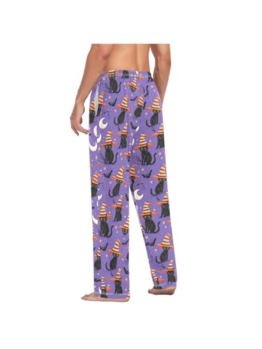ZZKKO Pajamas Pants for Men Halloween Black Cat Bat Men's Pajama Bottoms 100% Cotton PJ Pants for Mens S4